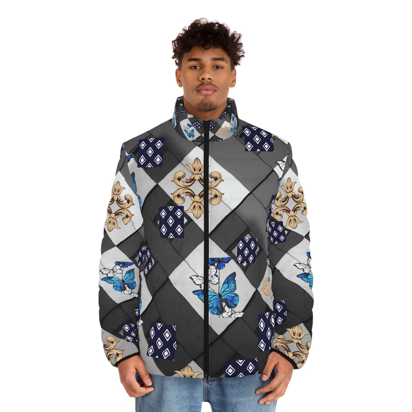Butterfly Puffer Jacket, Men's Winter Coat, Stylish Outerwear, Unique Butterfly Design, Fashionable Jacket for Men